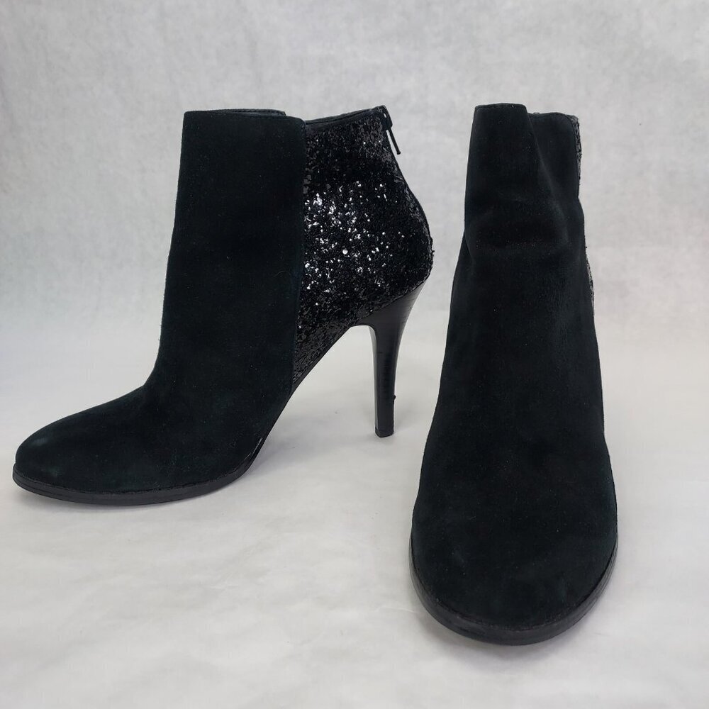 BCBG Milan Stiletto Ankle Booties Women's 9.5B Black Suede Glitter Zip Heel Glam